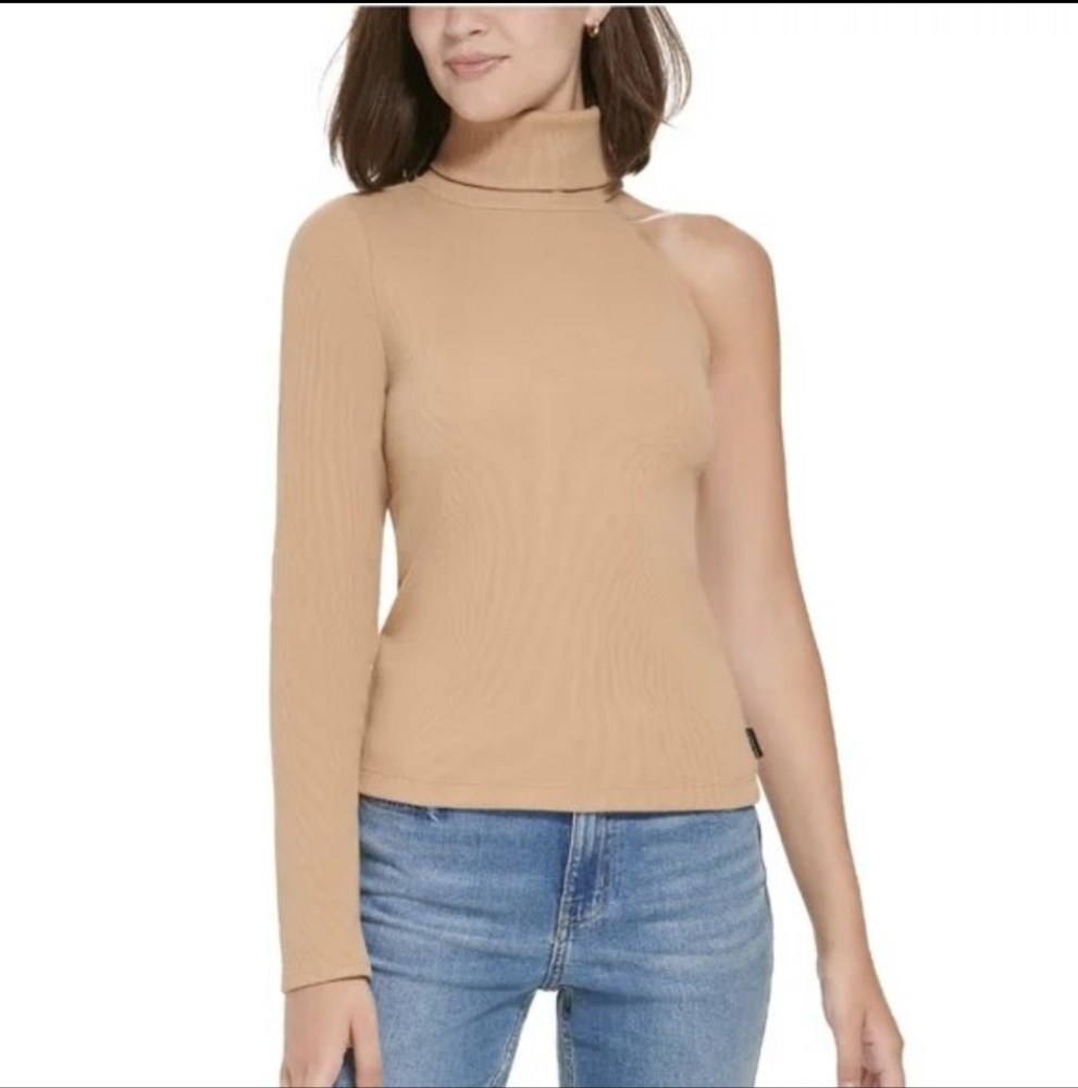 CALVIN KLEIN | One Sleeve Tan Turtleneck Ribbed Sweater Size PXL